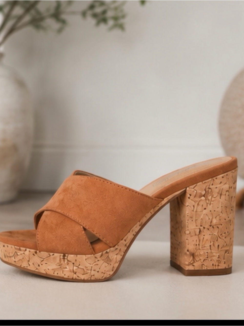 Lulus Camel Faux Suede Cork Platform Mule Heels – Size 9